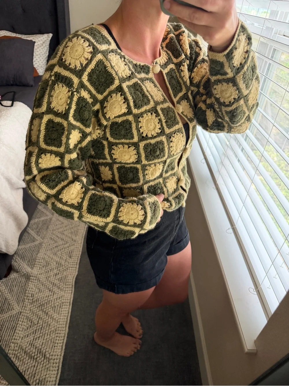 ✨ VINTAGE Handmade Crochet Granny Square Cardigan - Sage Floral ✨ - Picture 2 of 11